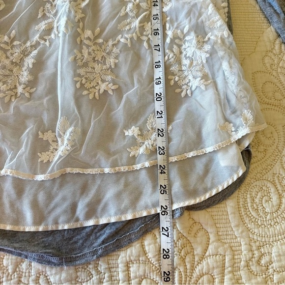 Grey long sleeve top cream lace sheer front, slightly flared sleeves, size L - Picture 6 of 9